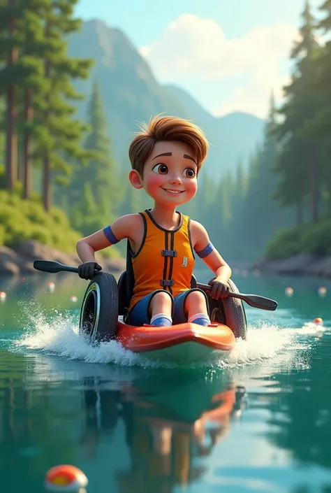 Create a Pixar-like image of a Paralympic athlete who uses a wheelchair and loves kayaking 
