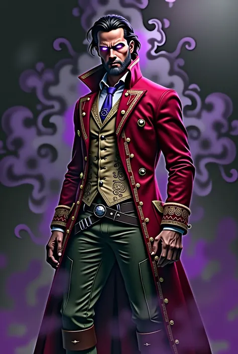 Western man square face no beard black hair red overcoat with gold details high collar white shirt, beige detailed vest detailed, purple tie with black, realistic glowing purple eyes, black holster belt with silver details, green pants, dark brown boot and...