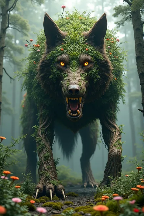 A giant wolf made of trees and plants 