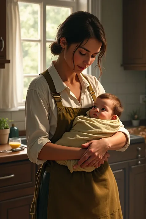 mother busy with house chores while holding a baby