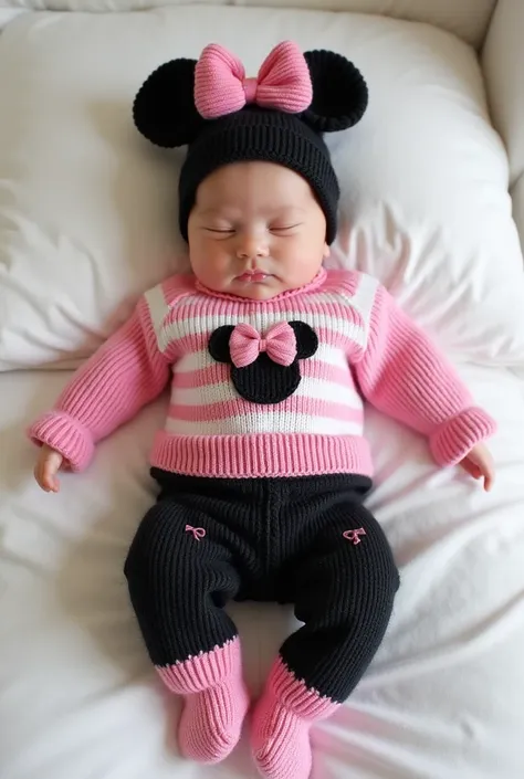  knitted clothing with pants, shirt, Hat and socks for newborn babies with Minnie Mouse embroidery in fuchsia colors,  black and white 