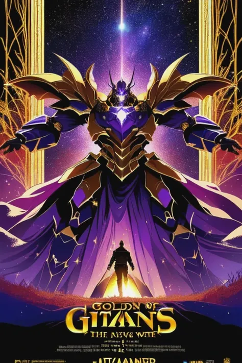 (movie poster), a man in golden purple armor flies in the sky, and landed on a giant titan with golden patterns, around there is...