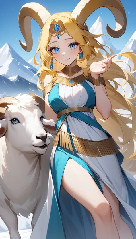 （Huang Li、high quality、Extremely detailed），Capricorn goddess，Giant goat，Woman petting a goat，Similar to Latin goodness，brave，capricious，Productivity，The face of enterprising and humanitarianism，Long yellow hair，Ancient Greek costumes、Wrap Dress，Snow mounta...