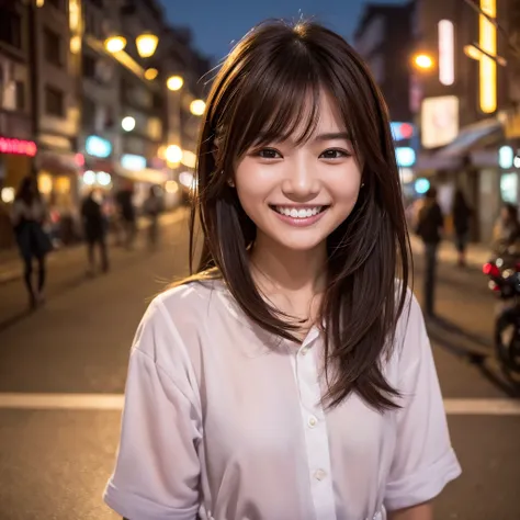 One person, (( Self snap)), Wind, Dirty hair, sunset, Streetscape, (Aesthetics and atmosphere:1.2),smileの美しい女性、8k、Ultra HD、Japanese、One woman around 20 years old、Brown Hair、smile、((Smiling with white teeth))、