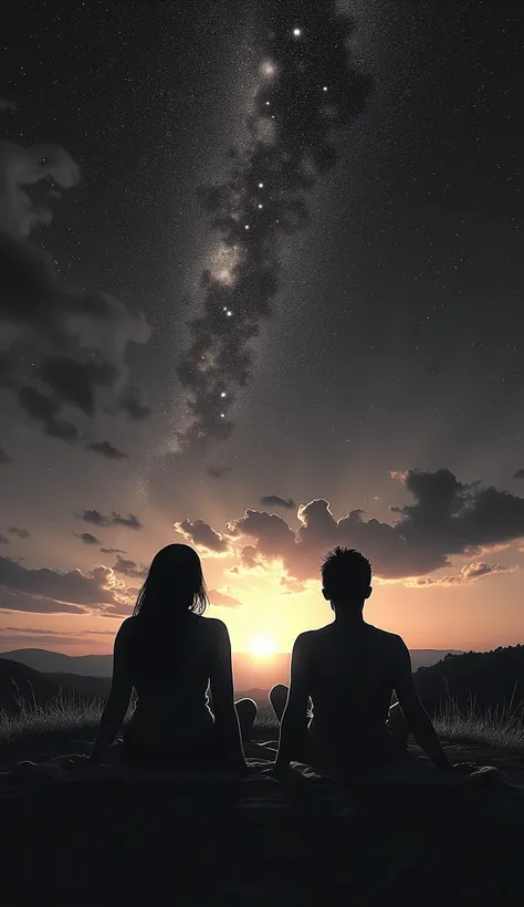 In black and white two people sitting on their backs looking up to the stary sky with a sunset.