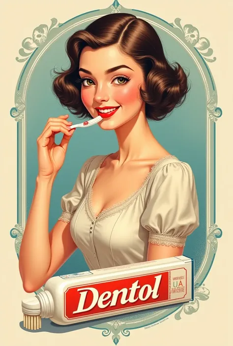 Illustration of toothpaste named Dentol with a smiling woman in 1930s style