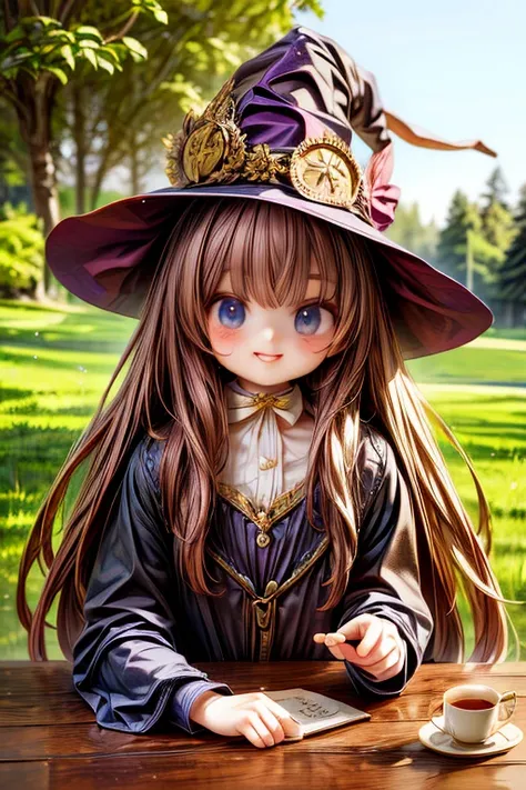 masterpiece, highest quality, wizard tea , magic tea , magic, a bit, handsome witch, highly detailed realistic eyes, happy, vibr...