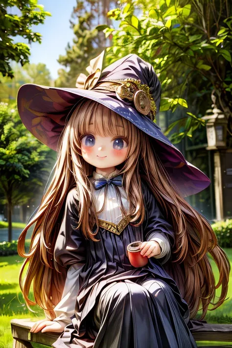 masterpiece, highest quality, wizard tea , magic tea , magic, little, handsome witch, highly detailed realistic eyes, happy, vib...