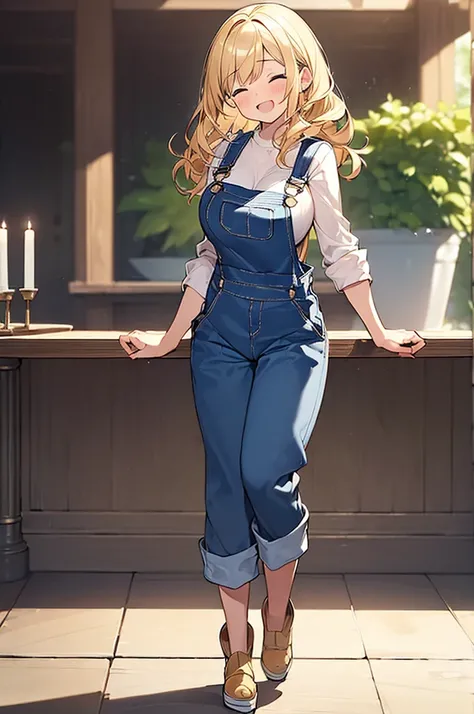 (Masterpiece, Top quality:1.5), full body, 1 beautiful girl, dynamic pose, dynamic angle, (short height:1.3), Blonde, medium Hair, wavy Hair, asymmetry bangs, swept bangs, airy hair, (large breasts:1.2), (Overalls:1.3), smile:1.3, blush, beautiful scene of...