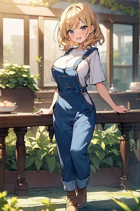 (Masterpiece, Top quality:1.5), full body, from behind, 1 beautiful girl, dynamic pose, dynamic angle, (short height:1.3), Blonde, medium Hair, wavy Hair, asymmetry bangs, swept bangs, airy hair, (large breasts:1.2), (Overalls:1.3), smile:1.3, blush, beaut...