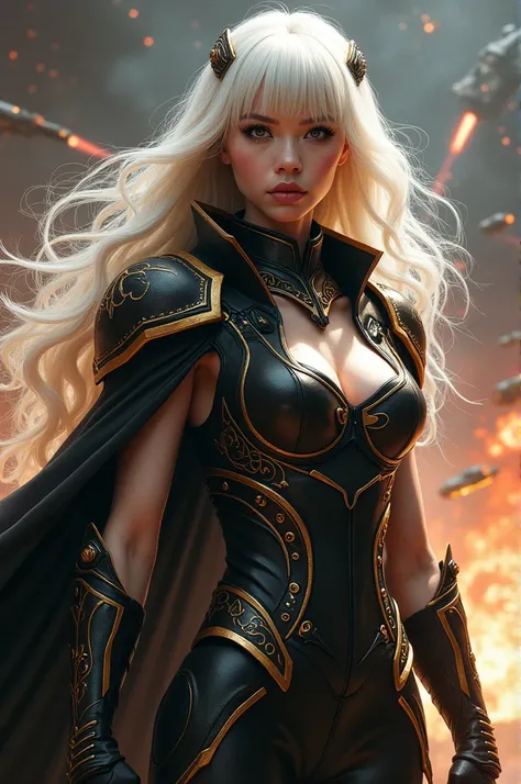 space warrior, long platinum hair with bangs, very beautiful, with black and gold armor , White skin, lasts, space war background, 8K photo quality, Realistic details, ultra definition. 