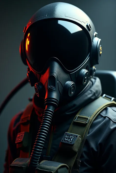 A highly detailed, hyper-realistic portrait of an air force jet fighter pilot wearing full dark flight gear, with a very dark visor, with a hose oxygen mask that leads to the front of the oxygen mask, dramatic studio lighting, cinematic composition, master...