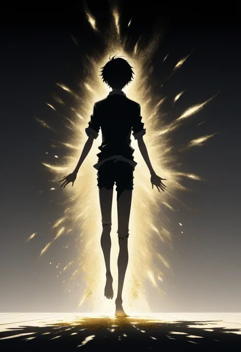 score_9, score_8_up, score_7_up, score_6_up, score_5_up, score_4_up, source_anime, A person standing with his legs spread out, a shadow from the backlight, gold dust spilling out from the shadow and blown away by the wind