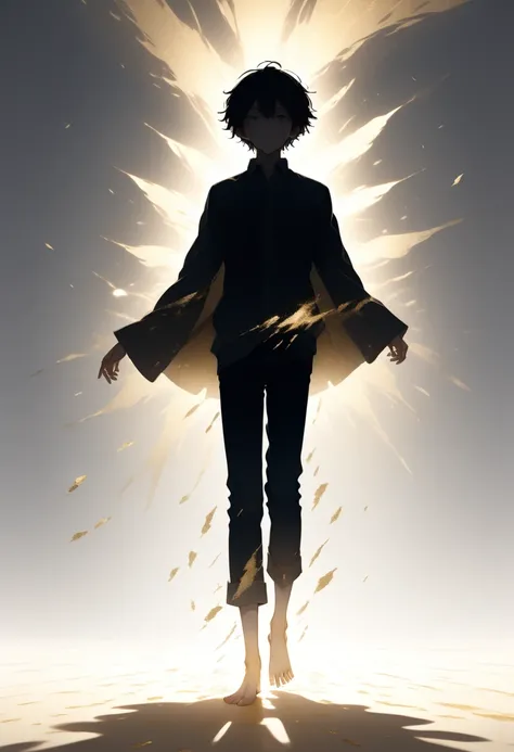 score_9, score_8_up, score_7_up, score_6_up, score_5_up, score_4_up, source_anime, A person standing with his legs spread out, a shadow from the backlight, gold dust spilling out from the shadow and blown away by the wind