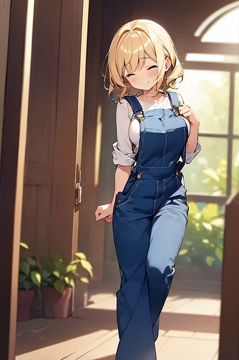 (Masterpiece, Top quality:1.5), full body, (from behind), 1 beautiful girl, dynamic pose, dynamic angle, (short height:1.3), Blonde, medium Hair, wavy Hair, asymmetry bangs, swept bangs, airy hair, (large breasts:1.2), (Overalls:1.3), smile:1.3, blush, bea...