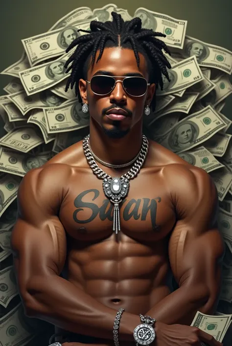 A young man with a mustache above his mouth and no shirt, with a tattoo in the middle of his chest that says SARAN, and has short dreadlocks braided to his eyebrows, and wears a diamond necklace, diamond ring and cool sunglasses, with a background of a pil...