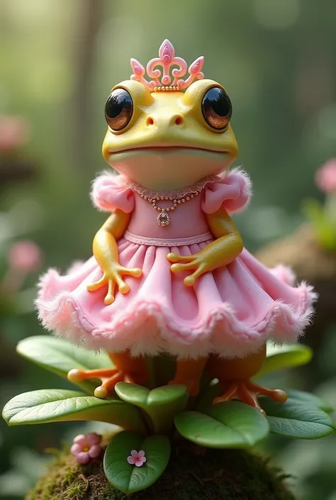 cururu toad wearing a pink princess dress on top of a cute plant