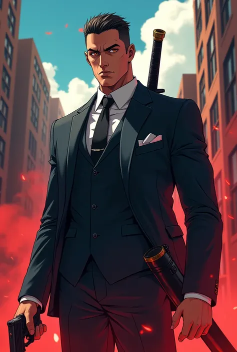 In Rio de Janeiro anime, a tall and strong villain, with an imposing posture and amber eyes. He wears a dark, well-fitted Peaky Blinders-style suit., reflecting their status and power. His face is marked by a penetrating gaze and a serious expression., wit...