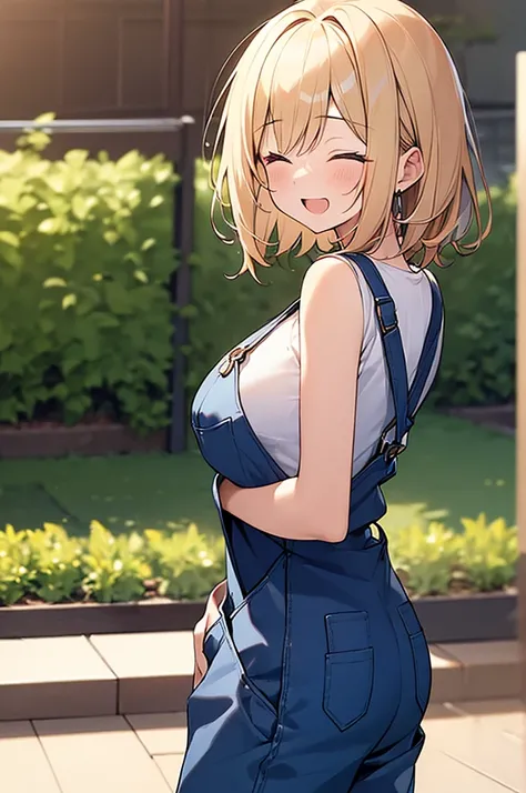 (Masterpiece, Top quality:1.5), full body, (from behind:1.2), 1 beautiful girl, dynamic pose, dynamic angle, (short height:1.3), Blonde, medium Hair, wavy Hair, asymmetry bangs, swept bangs, airy hair, (large breasts:1.2), (Overalls:1.3), smile:1.3, blush,...