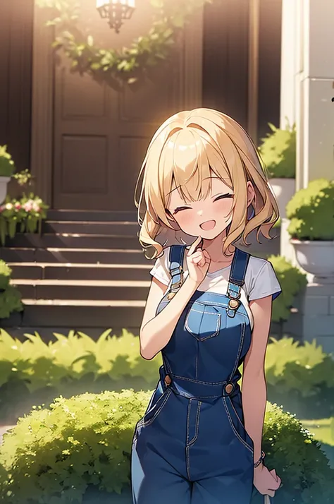 (Masterpiece, Top quality:1.5), full body, (from behind:1.2), 1 beautiful girl, dynamic pose, dynamic angle, (short height:1.3), Blonde, medium Hair, wavy Hair, asymmetry bangs, swept bangs, airy hair, (large breasts:1.2), (Overalls:1.3), smile:1.3, blush,...