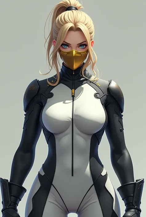 a female character, with blonde hair up, blue eyes, with boxer&#39;s sports suit, white color and black details, with black gloves, with the mouth and nose covered by something golden. Free full body shoter video game style 