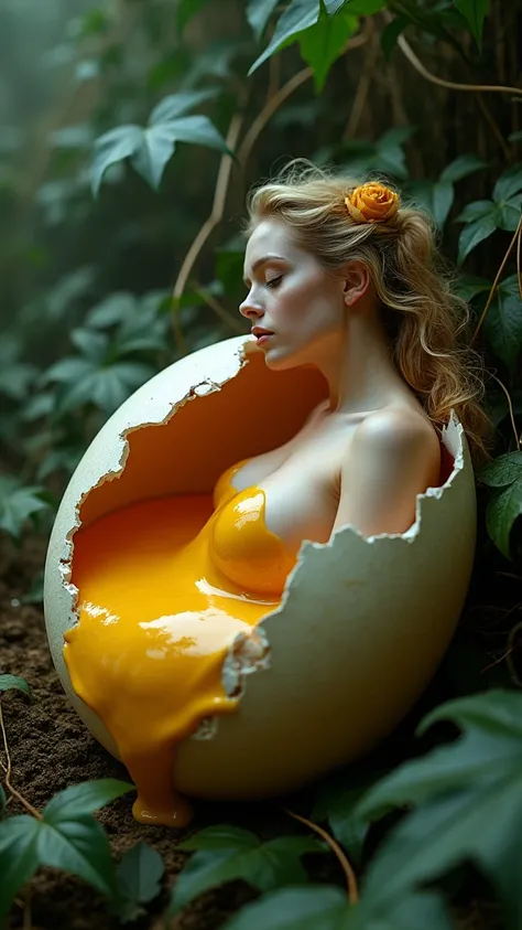 Beautiful woman covered in broken egg inside, egg yolk covered, Naked inside a broken egg,( background jungle Africa wild leaves) ,,high quality, (raw photo, best quality), (realistic, Photorealistic: 1.4), (extremely delicate and Beautiful: 1.4), Amazing,...