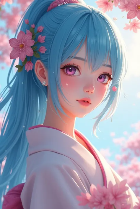 Make a girl with Lemonade pink with Sky blue colored hair ends colored hair using a Japanese Kimono