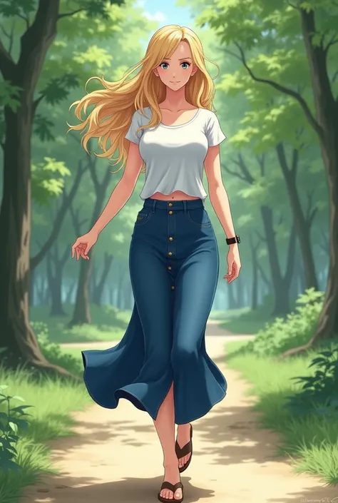 beautiful very fit anime woman, very long blonde hair, white short sleeve t-shirt, denim maxi button up skirt, sandals, walking in the park