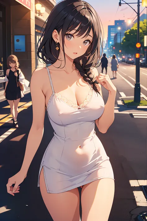 NSFW、Photo from chest up、Big Breasts、Staring at the viewer、Anatomically correct、Big Breasts、Toned athletic body、Perfect proportions、((Silk micro mini dress、White camisole mini dress、White tight mini dress。Light short sundress with detailed design、Close-up ...