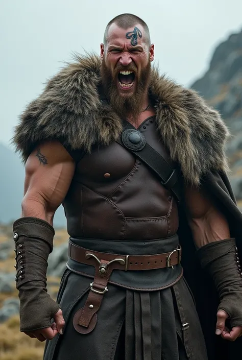  Realistic Viking warrior screaming with teeth bared with a Norse tattoo around his eye and with his eyes open and long hair shaved on the side 