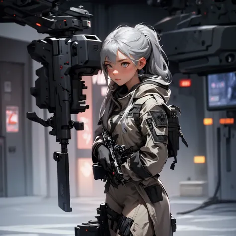 envision a 8k, highres, cinematic, beautiful full body concept art design sheet of a woman with gray hair, gray eyes, military g...