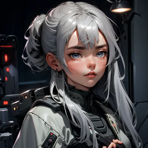 envision a 8k, highres, cinematic, beautiful close up portrait of a woman with gray hair, gray eyes, military gear, tactical acc...