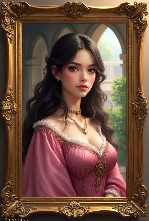 Create a framed portrait of Princess Lissandra in a medieval style. She has dark brown eyes, dark brown hair parted in the middle, cascading in soft waves. Lissandra has fair skin, a very round face, rounded face, an upturned nose, and striking cat-eye eye...