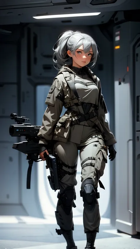 envision a 8k, highres, cinematic, beautiful full body concept art design sheet of a woman with gray hair, gray eyes, military g...