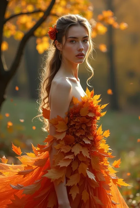 a woman in a dress made out of leaves, inspired by Oleg Oprisco, sophie turner, in fall, in style of joel meyerowitz, afremov leonid, jaw-dropping beauty, cutest, karol bak uhd, subtle detailing, benjamin vnuk, wearable art, phoenix-inspired