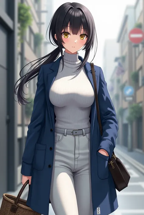 (High quality, 8ก, 4K, high contrast, Masterpiece:1.2, 最High quality, The best aesthetics ), beauty, very detailed, Sexy and erotic girls, (big breasts, long black hair , Low ponytail , yellow eyes ) , Girl 1 , White turtleneck , white pants , Blue coat , ...