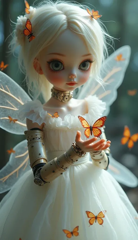 realistic porcelain doll, butterfly trick, transparent white dress, clockwork fairy, mechanical limbs, (Gabriel Pacheco&#39;s style page), DonMSt34mPXL, (Best Quality,4k,8k,High resolution,masterpiece:1.2),ultra detailed,(realist,photorealist,photo-realist...