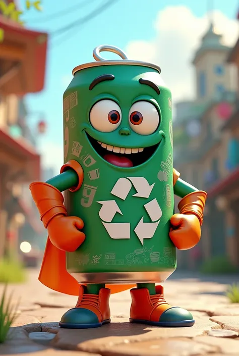 A Pixar-style 3D comic superhero character looking like a soda can, this character has the recycling symbol