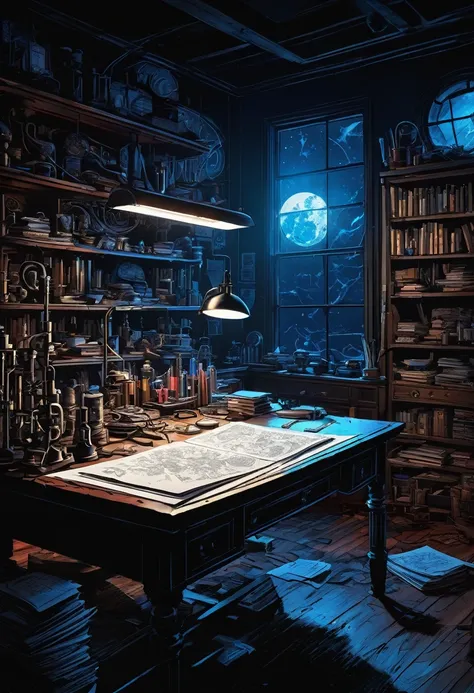 on the left is a comic artists desk, the pages come to life, ink lines swirling off the paper. The right side depicts a laboratory with floating objects and glowing symbols. Dramatic chiaroscuro lighting, dynamic lighting with bright spots of glowing heroe...