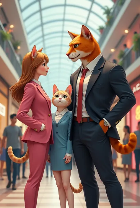 white female cat in human body wearing a pink suit inshopping mall  with another female orange beautiful cat in human body wearing a blue top and skirt smiling meets a orange muscular cat in human body wearing a black suit comes and hand shakes with orange...