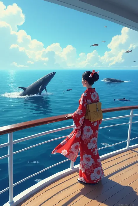 A woman sea fearer in kimono in a cruise ship facing the sea and the gigantic whales with other sea creatures. Make it morning. Make it like a digital poster