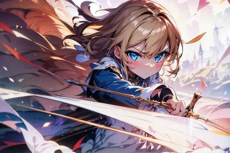 1girl, masterpiece, best quality, wallpaper, blonde hair, blue eyes, qhly, combat, fighting, sword, laser ray, serious