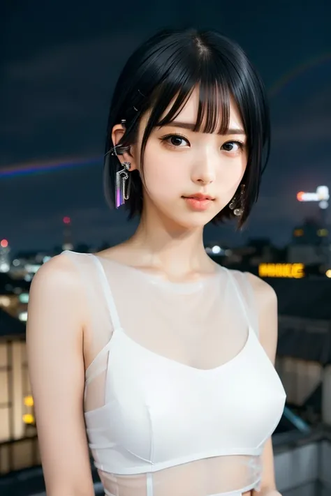 ((Rooftop of a building: 1,3)), ((Goth_punk, alone, Medium Shot, Walking the rooftops of Harajuku, ((night)), Blurred, Neon Light, Rainbow Eyes, Starry Sky, Shiny black hair, white eyebrows, Shiny Hair, (Rainbow black hair), Earring, good, jewelry, Blunt b...