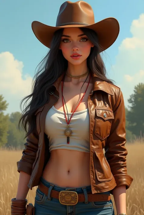 4K HLTRAHD, Teacher, best qualityer, a girl, good face, detailedeyes, detailed lips, long hair, slickedback hair, wearing cowboy clothes, Bare stomach,  leather jacket, cowboy hat, nblurry background, morning, full body capture,