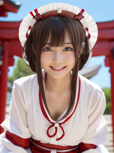 She has short platinum brown hair.、young beautiful japanese girl,big, clear eyes,Droopy eyes,A balanced perspective,And a kind smile,She wears an elaborate red and white shrine maiden outfit.,Highly detailed and realistic, 8k,Very detailed,Realistic,master...