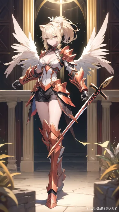 Beautiful blonde with short ponytail，Big ，cleavage，feather wings，White lion graphic armor，White Gauntlets，Bare Legs，white iron boots，Standing，cross sword，maze