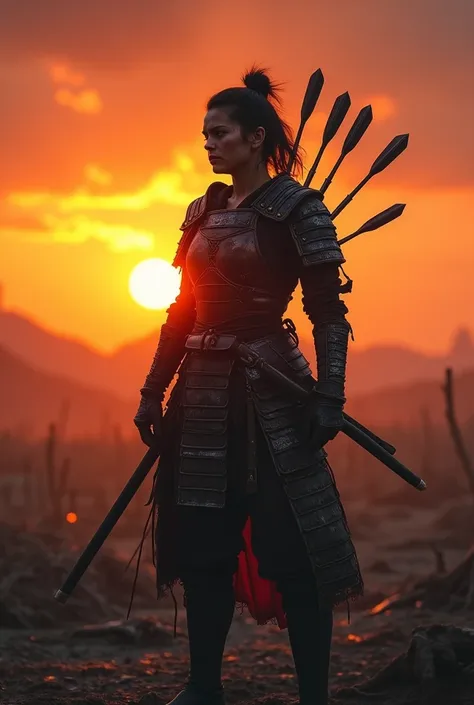 A beautiful warrior girl wearing tattered and almost destroyed Japanese armor、Battlefield、At last only one person stands、With the blazing sunset at my back, the front of my body is cast in dark shadow.、There are many arrows stuck in his back、Scarred Face