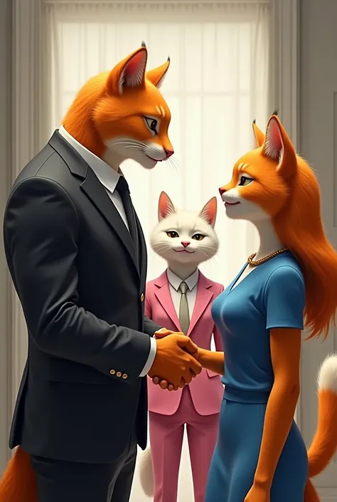 A orange muscular cat in human body wearing a black suit shaking hands with a orange female cat in human body wearing a blue top and skirt smiling and a white female cat in human body wearing a pink suit standing next to him and watching them