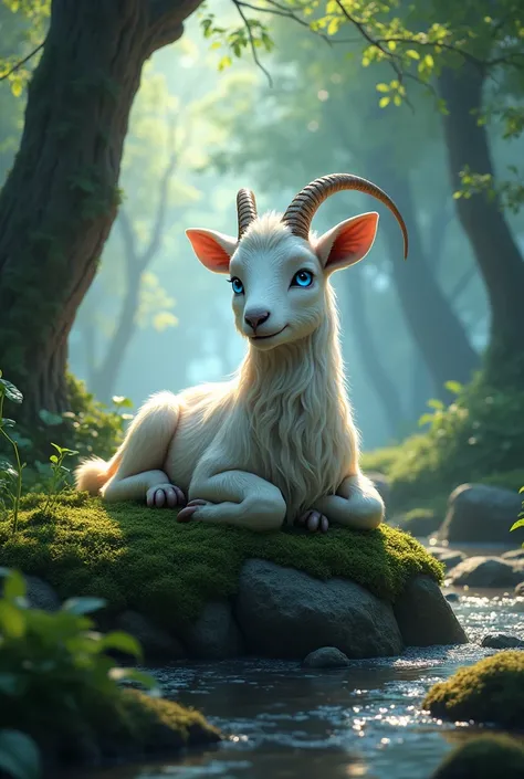 A blue-eyed goat lies on a rock in the forest(best quality，4K，8k，High level，masterpiece：1.2），Ultra Detailed，（lifelike，Photo real，Photo real：1.37）