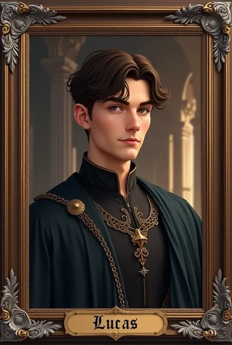 Create a framed portrait of Prince Lucas in a medieval style. Lucas is 27 and has short wavy brown hair (type 2b) styled in a neat, social cut with a subtle quiff. He has dark brown, expressive eyes with a deep gaze, thin lips, a large nose, and prominent ...